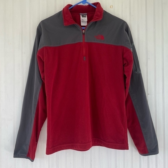 North Face Men's Red Gray Quarter Zip TKA100 Fleece Pullover Size Small - Picture 1 of 7